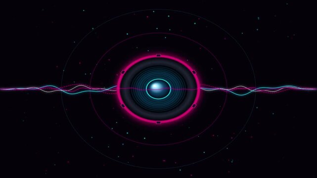 Audio speaker graphic equalizer with sound waves and neon rings in 4K video music wave frequency abstract futuristic
