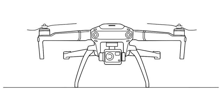 Modern quadcopter drone with camera line art illustration showcasing technology used for aerial photography and filming.