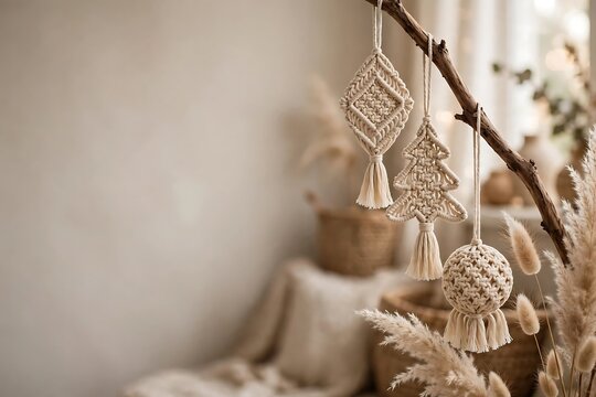 Handwoven beige macrame ornaments hanging from a rustic wooden branch with dried bunny grass in a soft-focus bohemian interior setting