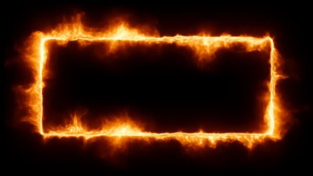 Glowing orange fire rectangle frame flickers on black background, flames rising around edges