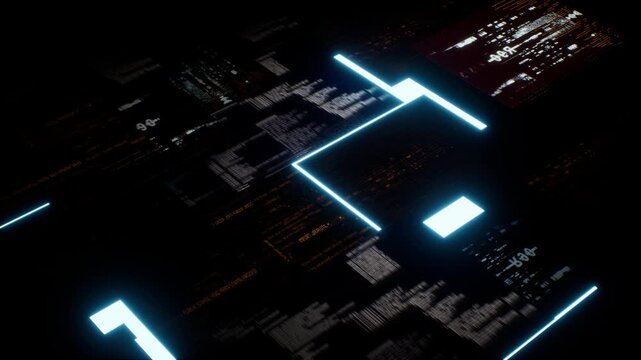 Futuristic Data Panels With Glowing Code And Neon Blue Lines On A Dark Background. Slow Overhead Move Across The Grid. Ideal For Cyber, Hacking And Tech Intros. Rendered In Unreal Engine.