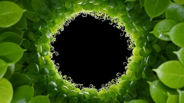 Circular green leafy frame surrounds black empty center, leaves glossy with water droplets