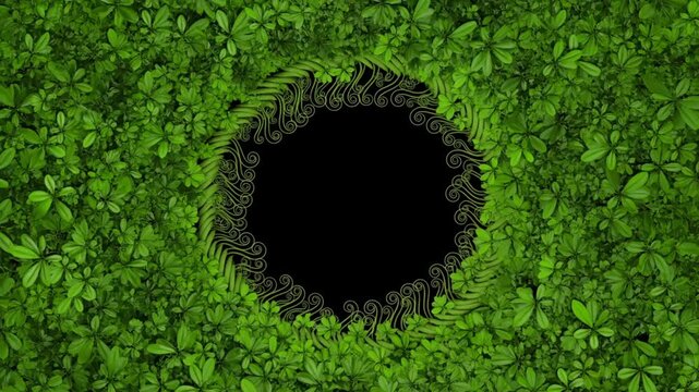Green leaf circle border with black center and golden swirl ornaments on dark background
