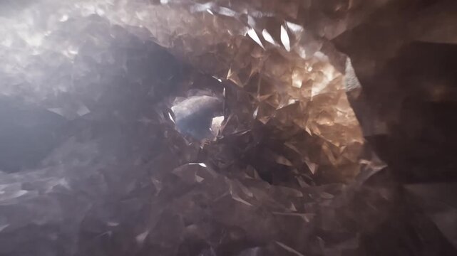 Faceted crystal formations fill a shadowy abstract tunnel with warm light