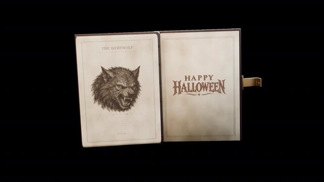 3D haunted spellbook animation with opening pages and spooky Halloween artwork. 8-second motion graphic with transparent background and alpha channel for horror, fantasy, and seasonal videos.