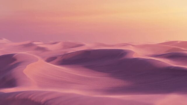 Sand dunes with windswept ridges under pink sunset sky in quiet desert