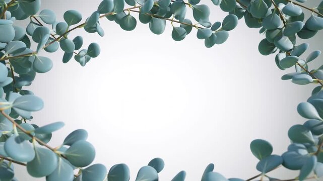 Eucalyptus branches with bluegreen leaves form a border around white center