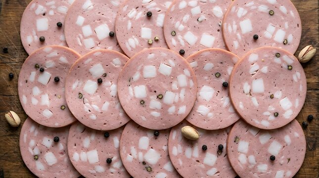 delicious cured mortadella sausage slices arranged as flat lay background showcasing savory pork cold cuts speckled with white lard pieces mortadella sausage cold cuts sliced meat cured sausage pork