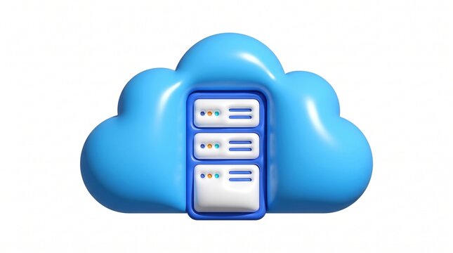 Blue 3d cloud icon with a computer server rack inside representing modern cloud computing and digital data storage