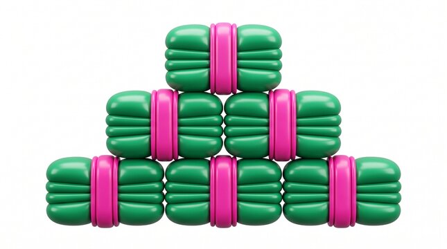 Stack of green glossy candy pill shapes with pink bands in a pyramid formation 3d render for web design