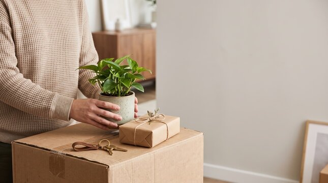 Person holding green plant pot near cardboard box with house keys and gift package inside new house room during daytime