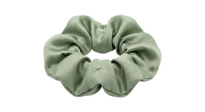 Elegant sage green satin hair scrunchie isolated on a clean white background for hair styling
