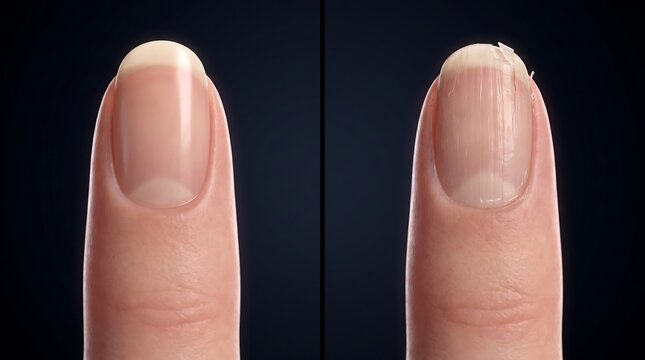 Comparison of a healthy, smooth fingernail next to a damaged, cracked fingernail, illustrating common nail health issues and breakage.
