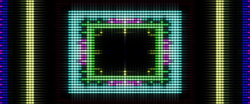 Widescreen abstract animation with colorful pixel bars forming symmetrical geometric frames and a luminous central tunnel, ideal for electronic music visuals and live stage screens