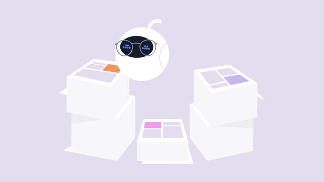 In a cheerful digital landscape, a small robot character observes three stacks of paperwork, The scene is lively and imaginative, showcasing the intersection of fun and productivity.