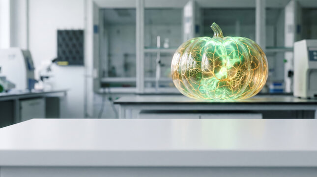 Glowing experimental pumpkin on lab table inside futuristic scientific laboratory