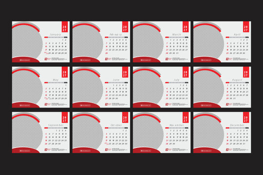 2027 Modern Red and White Calendar Template with 12 Monthly Pages