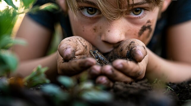 Close-up of a boy's muddy hands cupping a small frog, wide curious eyes staring down in wonder