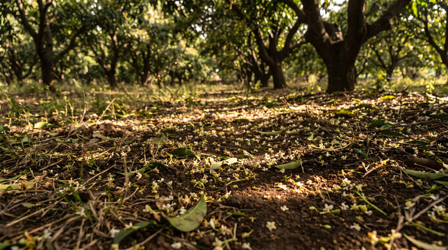 Mango orchard spring scene with tiny white flower petals scattered on the ground beneath trees in a rural plantation