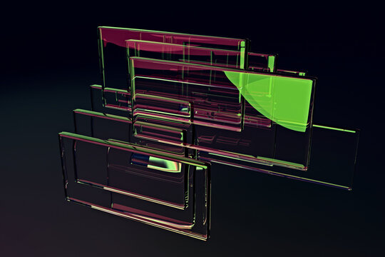 Floating 3D Glass Rectangles with Lime Reflections