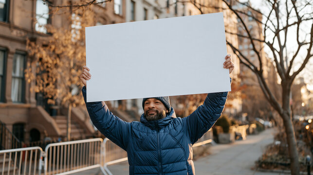Smiling middle-aged African American man holding blank white sign above head on city street with copy space