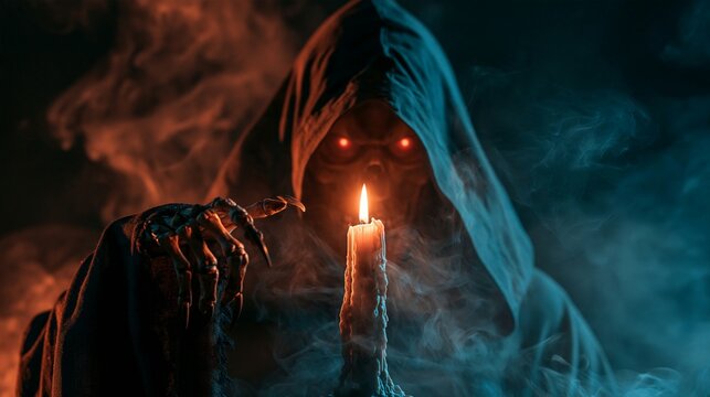 Halloween Holiday Theme. a grim reaper, cloaked in a hooded cloak, holding a lit candle in one hand and a skeletal hand in the other. The reapers face is obscured by the hood, revealing sharp.