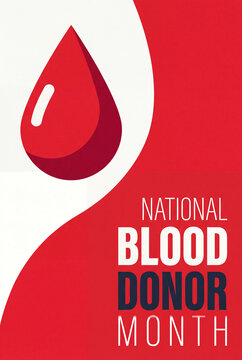 National Blood Donor Month poster with large red blood drop and curved red wave, flat vector-style illustration