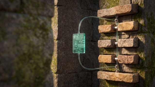 Conceptual render of a green circuit module mounted on a mossy stone wall with glass tubes, visualising smart building technology, sustainable computing and green infrastructure