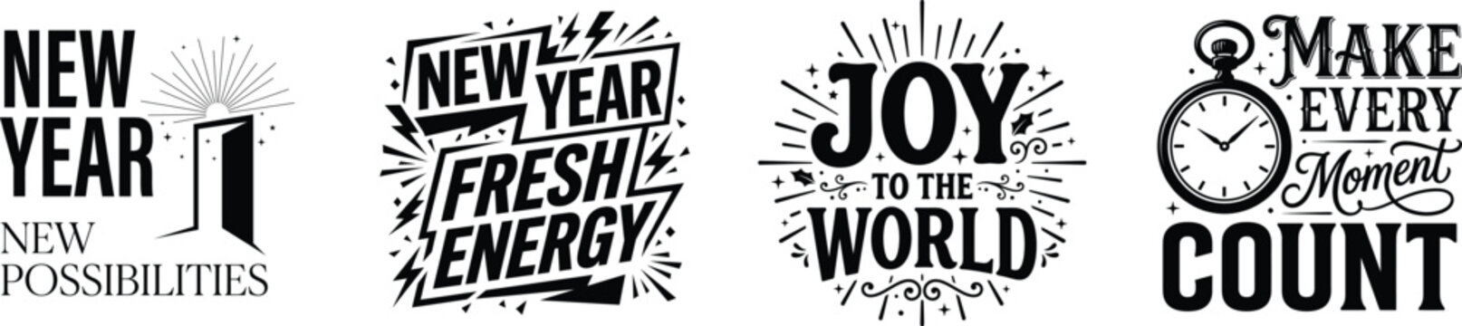 Four distressed typographic posters with new year and celebratory phrases in black and white