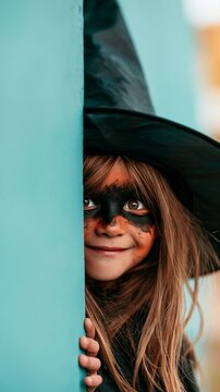 Halloween Holiday Theme. a young girl, captured in a candid moment. She wears a black witchs hat and has a black face paint that resembles a witchs face. Her eyes are wide open.