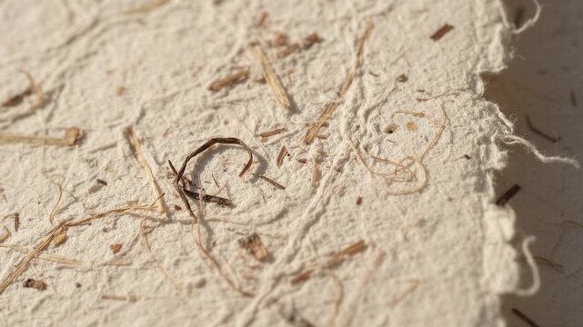 Macro shot of handmade recycled paper texture with natural plant fibers and rough deckle edge
