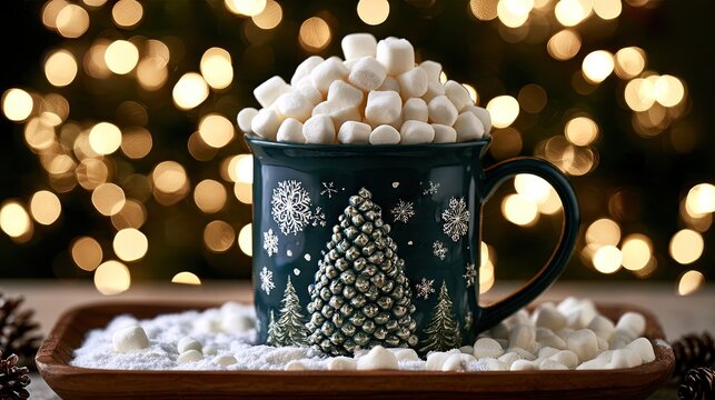 Dark teal mug with mini marshmallows on a wooden tray at Christmas