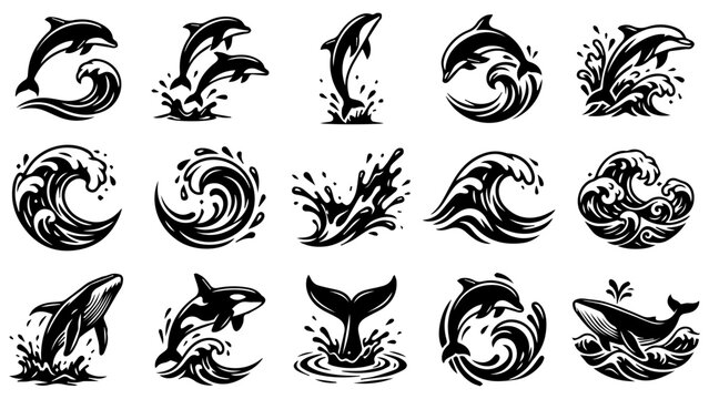 Set of black and white hand drawn dolphin and whale icons jumping in the ocean waves