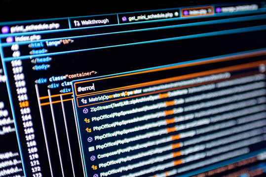 HTML and PHP source code syntax on dark editor screen for error debugging