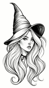 Halloween Holiday Theme. a womans face and upper body. She wears a widebrimmed witchs hat with a pointed tip. Her long, wavy hair flows down her back, creating a sense of movement.