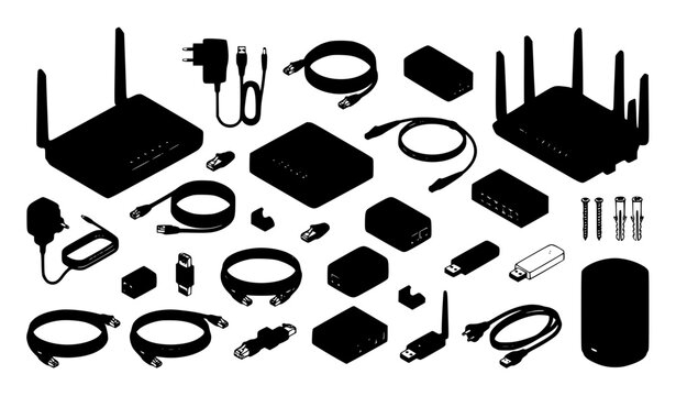 WiFi Router and Network Equipment Collection, Wireless Internet Connectivity Devices and Accessories Vector Set