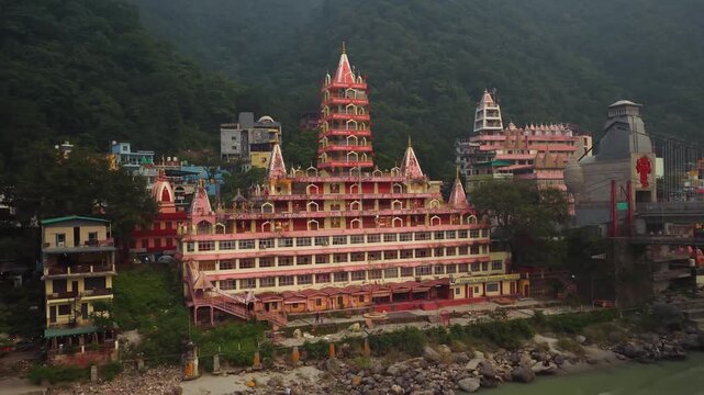 Evening drone view of tera manzil temple in rishikesh , uttarakhand. 