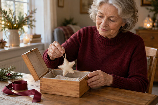 Older adult places a handmade Christmas keepsake in a plain memory box