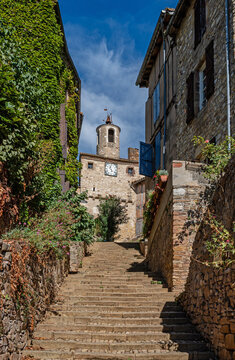 Cordes-sur-Ciel, France - The Porte de l&rsquo;Horloge (Clock Gate) is a historic mediaeval fortified gate in Cordes-sur-Ciel, a hilltop bastide town in the Tarn department of southern France.