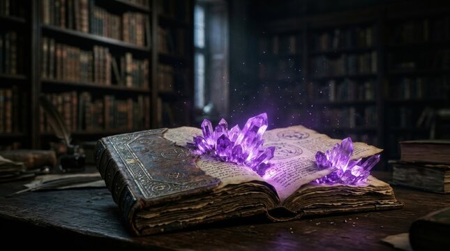 Ancient magic book opened revealing glowing amethyst crystals on dusty table in mystical dark library with bokeh.