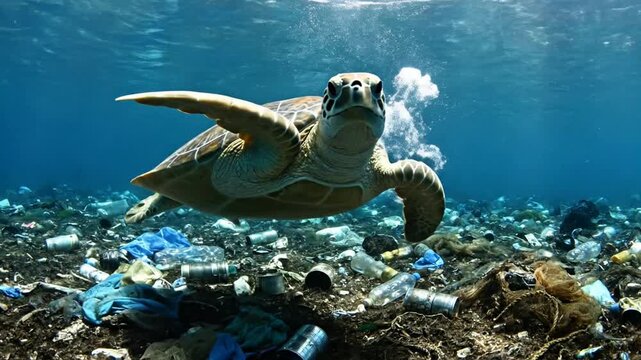 Sea turtle swimming through ocean plastic pollution and garbage littering the seafloor marine environmental crisis