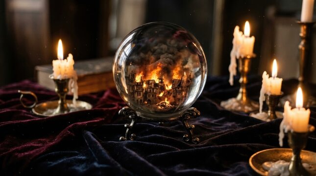 Crystal ball showing a city in flames surrounded by several lit candles on a dark velvet cloth, mystical divination scene.
