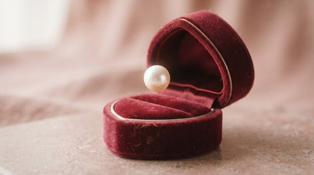 Pearl ring resting in open red velvet jewelry box on neutral background