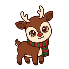 Cute Christmas Reindeer Cartoon with Red Nose and Festive Scarf Isolated on White Background © Nandnwly