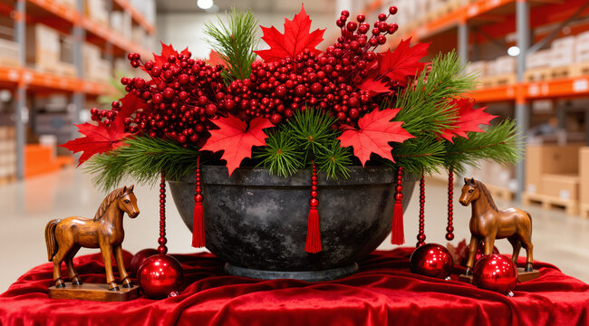 Luxurious autumn centerpiece in a dark pot with red velvet, carved wooden horses, and glittering red berries. Sophisticated festive styling.
