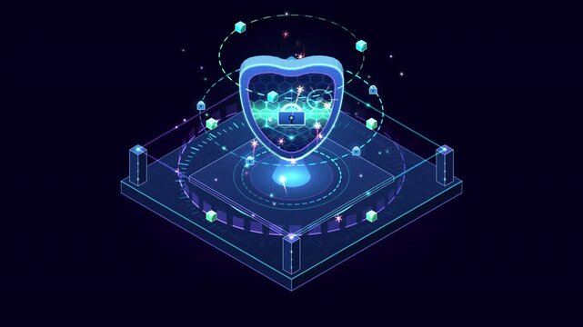 Isometric Shield Security Animation with Digital Protection and Cybersecurity Concept