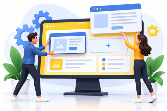 Collaborative 3D ui ux website development with characters assembling interface on computer monitor