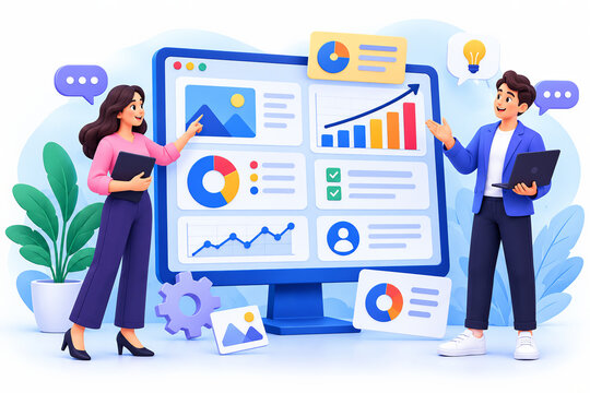 Collaborative dashboard presentation with a man and woman analyzing business charts, graphs, and data on a large computer screen in a 3D