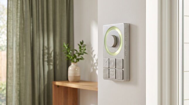 Modern smart home wall control panel with green glowing ring