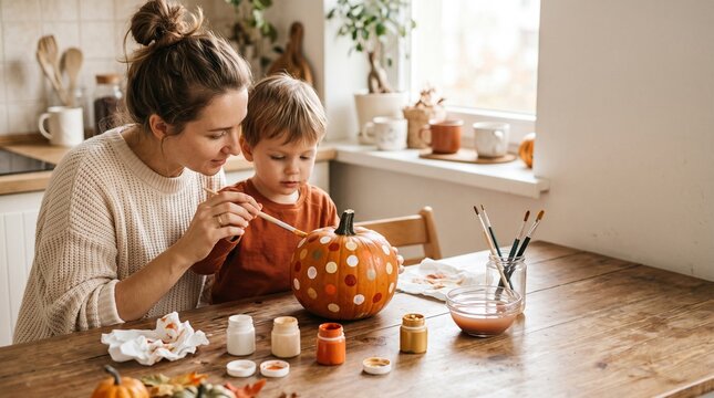 Mother helping child paint polka dot pumpkin at kitchen table